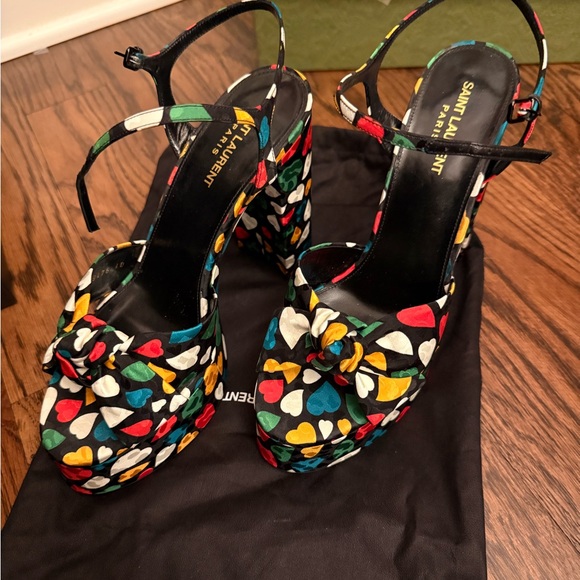 Saint Laurent Shoes - Saint Laurent Black Multi Heart-Print Platform Sandals
